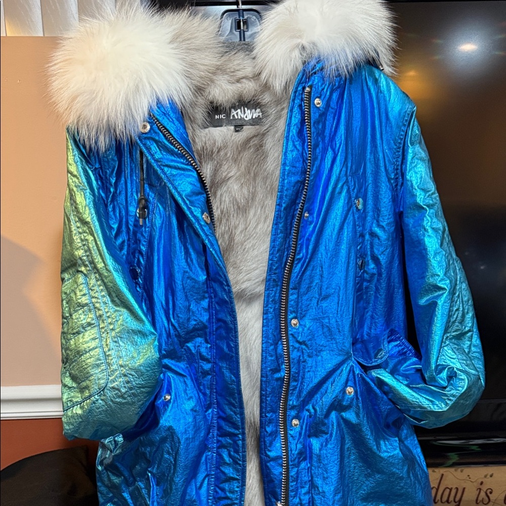 Nicole Benisti Women's Iridescent Blue Puffer Jacket with White Fox Fur